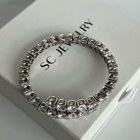 Silver Bracelet Real Crystal Adjustable Cuff Platinum Plated Luxury Jewelry - Picture 4 of 13